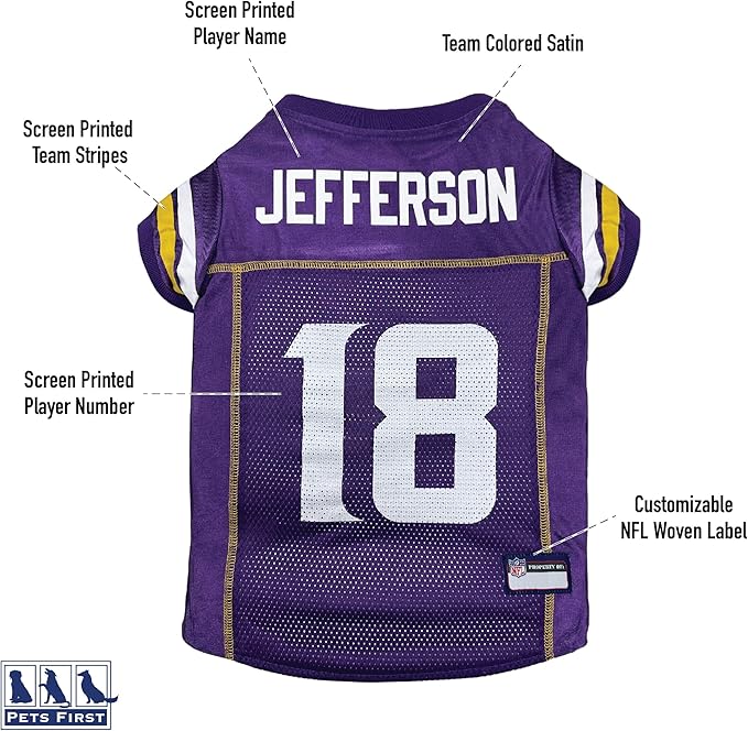 NFLPA Justin Jefferson PET Jersey, NFL Dog Shirt, Size Small, Minnesota Vikings Mesh Jersey for Dogs