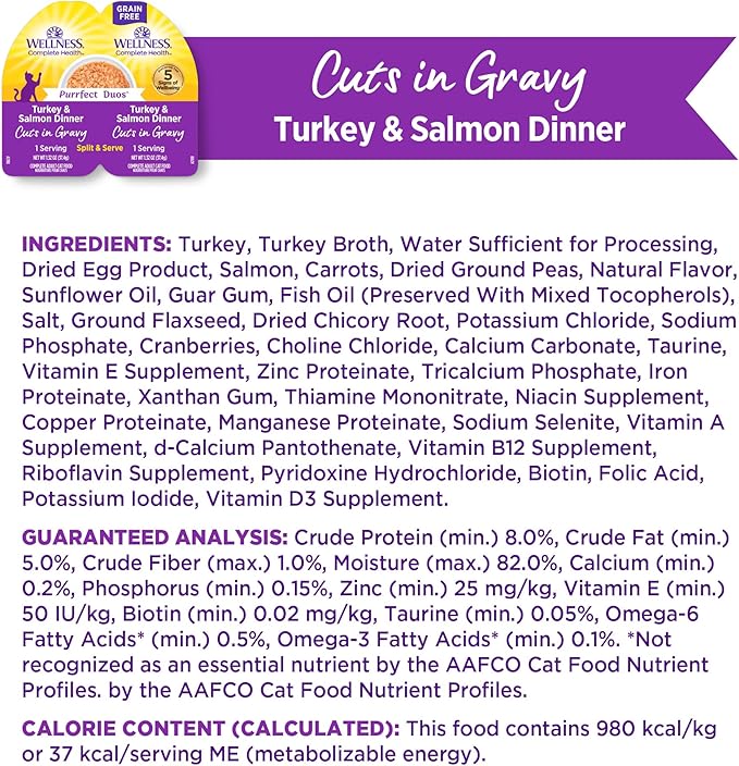 Wellness Complete Health Purrfect Duos Cuts in Gravy Adult Wet Cat Food, Natural, Protein Rich, Grain Free, Turkey and Salmon Dinner Recipe, 2.64 oz, Pack of 12 Split Cups