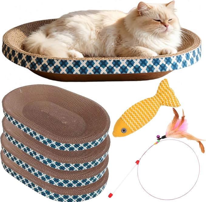 Cat Scratcher Bed with Toys, 4 Pack Oval Cat Scratcher Cardboard, Indoor Cat Scratch Bowl, Large Pad Cat Scratching Board with Catnip Fish Toy & Feather Wand for Furniture Protector L(17.5"x12.6"x3")