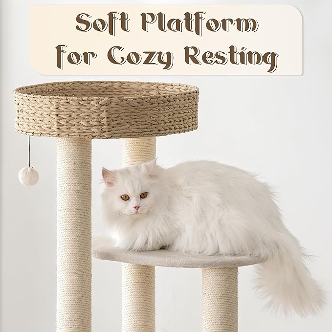 NUNU Modern Cat Tree, Modern Cat Trees Tower, Wooden Cat Tree for Large Cats, 39" Cat Tower for Indoor Cats, Hand-Woven Condo & Top Perch, for Kittens Climb, Play & Rest