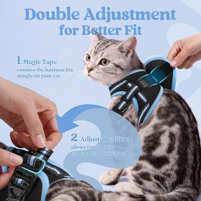 rabbitgoo Cat Harness and Leash Set for Walking Escape Proof, Adjustable Soft Kittens Vest with Reflective Strip for Cats, Comfortable Outdoor Vest, Black & Light Blue, M