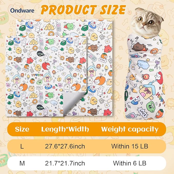 ondware 27.6In Self-Adhesive Cat Grooming Wrap, Anti-Escape Cat Restraint for Nail Clipping, Cat Swaddle Wrapping Cloth for Pet Cleaning & Beauty, for Cats up to 15lbs, Cat Gifts