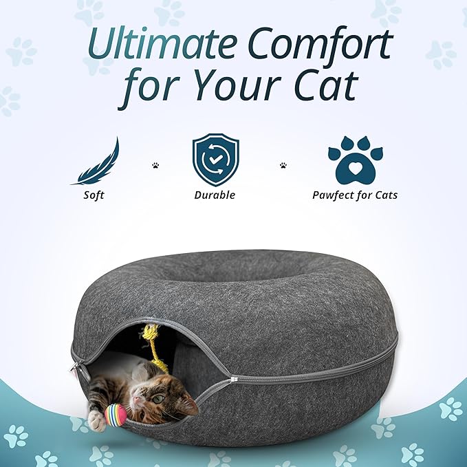 MeowMates Peekaboo Cat Cave Donut Bed for Multiple Cats Upto 45lbs, 3-in-1 Large Cat Tunnel & Donut Bed Combo w Round Tunnel Scratcher for Indoor Cats, Hanging Toy, Washable & Detachable - Dark Grey