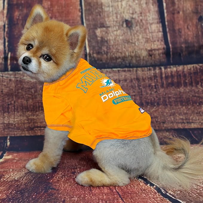 NFL Miami Dolphins Dog T-Shirt for Pets, Size Small. Officially Licensed Pet Shirt with Team Logo, Soft Stretchable Comfort Fit Apparel for Dogs & Cats