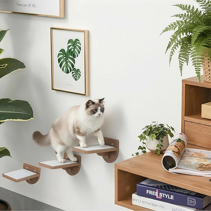 32LBS Capacity Cat Wall Steps for Indoor Cats Climbing, Set of 3 Cat Wall Climber System with Anti-Slip Scratching Pads, Wall-Mounted Steps for Various Shelves & Perches, Brown Wood