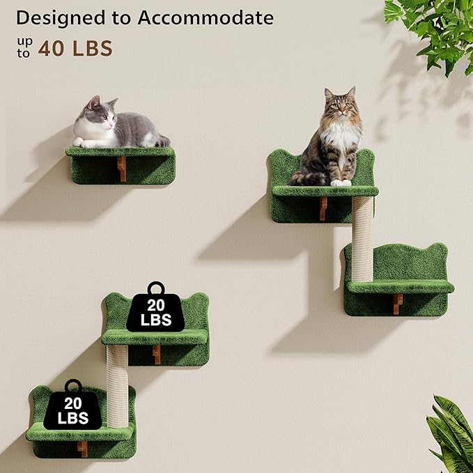 Cat Wall Shelves, Wall Mounted Pet Shelf Furniture w/Plush Fabric(26 Piece Set), 63''H Cat Tower w/Scratching Posts, Cats Furniture with 40''L Tunnel, Condos, House, Steps and Ladder, Green