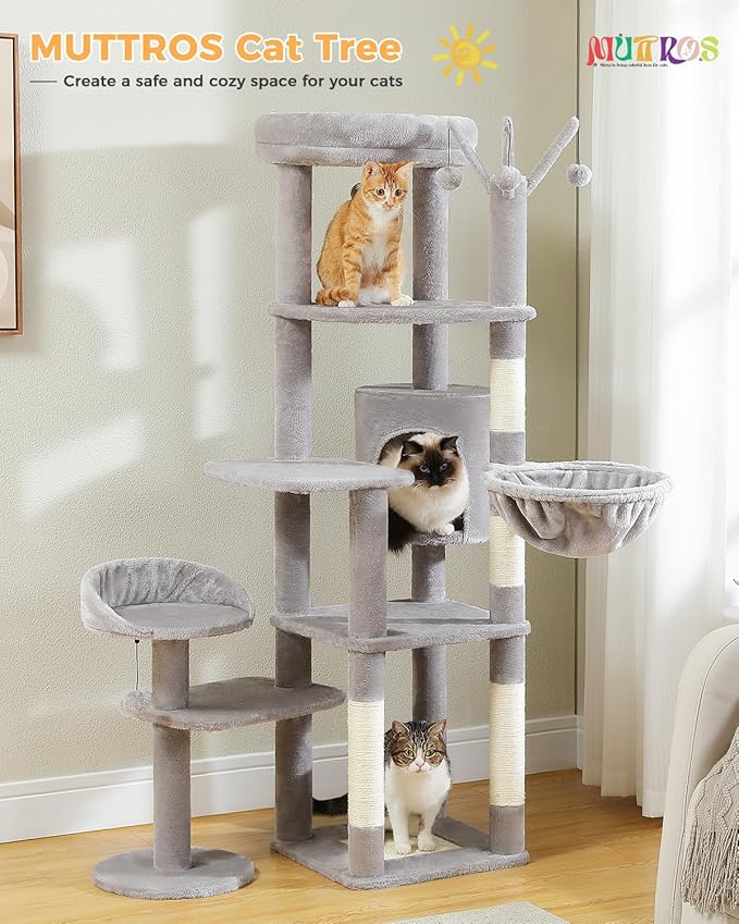 MUTTROS 59" Cat Tree, Tall Cat Tower for Large Cat, Multi-Level Tower with 3 Removable Pompom Sticks, Cat Tree for Indoor Cats, Condo with Large Hammock, Scratching Post, and 2 Perches, Grey