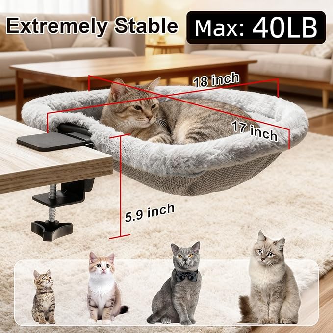 Cat Desk Bed - 17x18 in Cat Desk Perch for Remote Workers, Gamers and Office Staff - Desktop Suspended Cat's Bed (Holds up to 40 lb) - Foldable Cats Hammock Desk for Removable Cover and Toy Holder