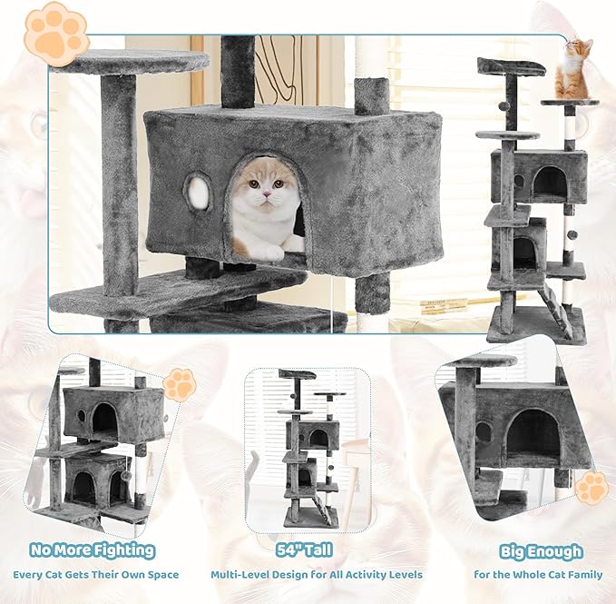 Cat Trees Towers for Large Cats 54" Tall - Cat House with Scratching Posts, Cozy Condo, Bed Cave, Climbing Ladder & Pom Pom Toys - Cat Furniture - Ashy Gray