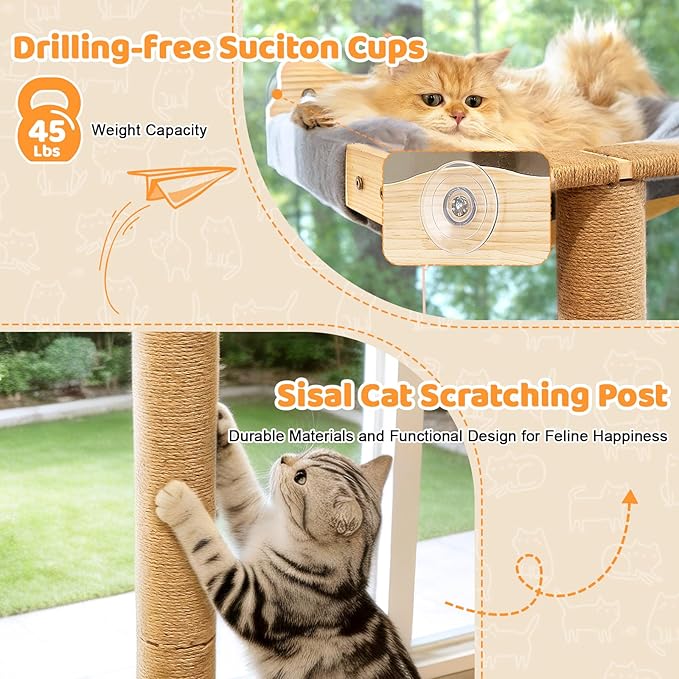 Cat Window Perch Hammock with 3-Piece Detachable Sisal Scratching Posts, Gray Fluffy Cusion, Drill-Free Suction Cup Mount, Multi-Level Climbing Perch for Bird Watching, 45 LBS Capacity