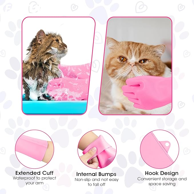 Pet Grooming Gloves, High-Density Silicone Gloves with Enhanced Five Finger Design for Bathing and Massaging Dogs and Cats (Pink)