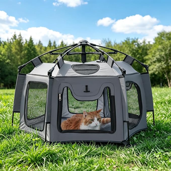 Medium Cat Catio Outdoor Cat Enclosure, 35.4" Pop-Up Catio for 1 Cat, Portable Cat Playpen Indoor Outdoor, Lightweight Travel Cat Tent with Sunshade, Foldable Cat Kennel for Balcony Camping