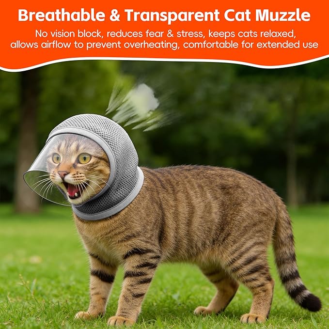 Adjustable Cat Muzzle for Grooming & Biting Prevention, Upgrade Kitten Head Cover,Breathable Anti-Bite Cat Mask with 4 Anti-Scratch Gloves Boots Silicone Shoes for Nail Trim Bath Vet Visit (Grey, M)