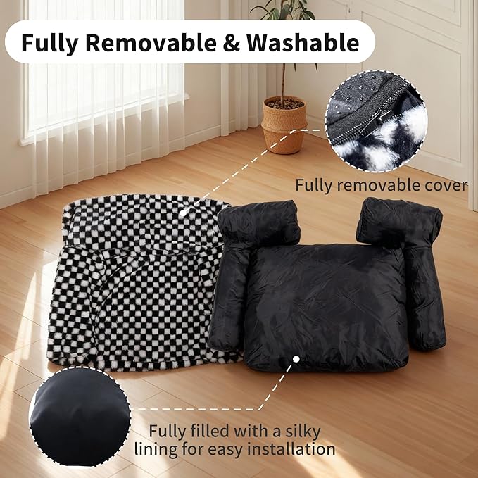 Faux Fur Cat & Dog Sofa Cat Couch Mini Cat Bed Indoor Human Style Pet Sofa, Modern Pet Furniture for Cats, Washable ＆ Removable Cover, for Cats and Small Medium Dogs (Black/White, Large(30X21 inch))
