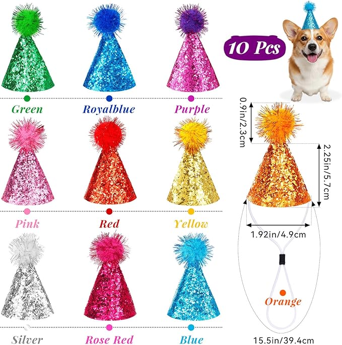 10Pcs Small Dog Party Hats with Sequins, Cats Adjustable Holiday Hats, Puppy Paper Hats for Birthday, Mini Party Hats for Stuffed Animals, Glitter Birthday Party Hats with Pom Poms for Pets