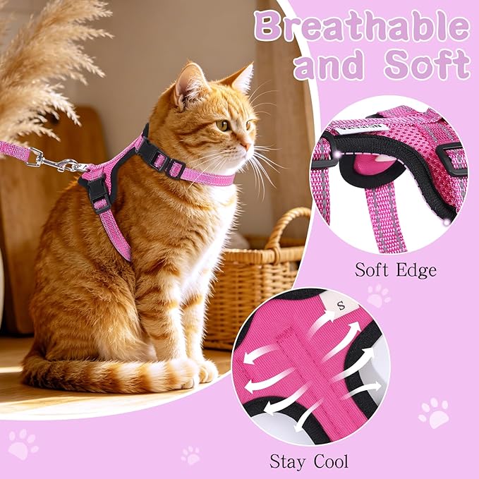 Cat Harness and Leash Set for Walking,Adjustable Escape Proof Kitten Harness and Leash with Reflective Strips,Easy to Wear Soft Breathable Harness for Cats Puppy Bunny Dogs Pink