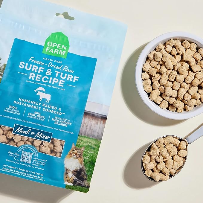 Open Farm, Freeze Dried Raw Cat Food, Complete Meal Morsels or Cat Treats with 92% Meat, Organs & Bone, Surf & Turf Recipe, 9oz Bag
