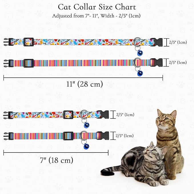 2 Pack Cat Collars with Bell - Breakaway Soft Collar for Girl & Boy Cats, Adjustable Safety Cute Kitten Collars – Comfortable Stylish Patterned Print Design Lightweight (Floral + Striped)