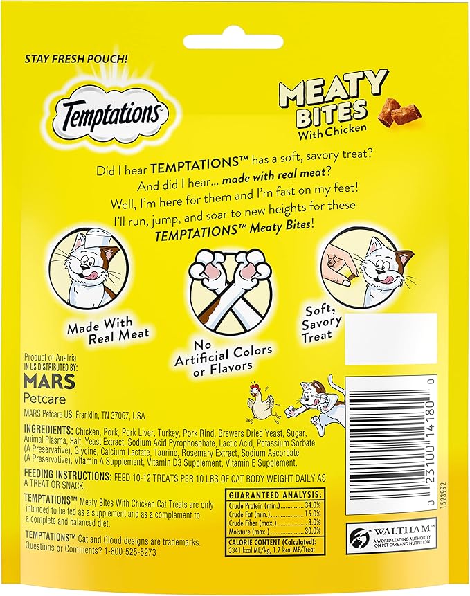 Temptations Meaty Bites Savory and Soft Cat Treats, Chicken Flavor, 4.12 oz. Pouch