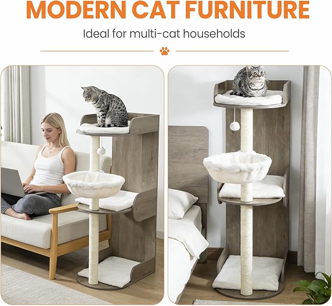Modern Wood Cat Tree Tower for Indoor Large Cats, Cat Scratching Posts with Big Perch Bed, 44.8" Tall Multi-Level Wooden Cat Condo with Hammock, Removable Pads, Kitty Furniture, Greigy