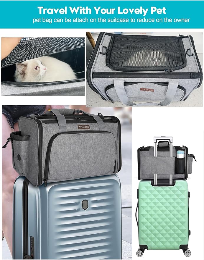 Pet Carriers Soft-Sided Carrier,Ventilation,4 Zipper Opening Grows Extra Room,Padded Mat Bottom,for Cat,Puppy, Grey