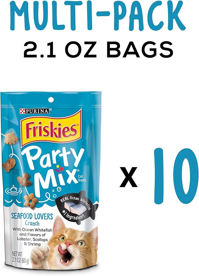 Friskies Made in USA Facilities Cat Treats, Party Mix Seafood Lovers Crunch - (10) 2.1 oz. Pouches