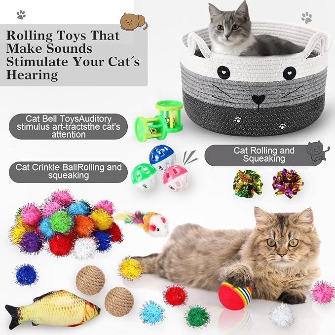 Zopeal 76 Pcs Graduation Cat Storage Basket Gift Toys Set Interactive Cat Toys Kitten Wand Colorful Flashing Balls Pet Crinkle Balls Attract Kitten to Swat, Hunt for Pet Indoor(Grey)