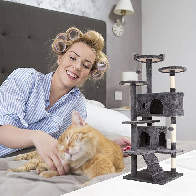 Go Pet Club 54" Tall Multi-Level Cat Tower Furniture with Scratching Post, Toys & House for Indoor Cats