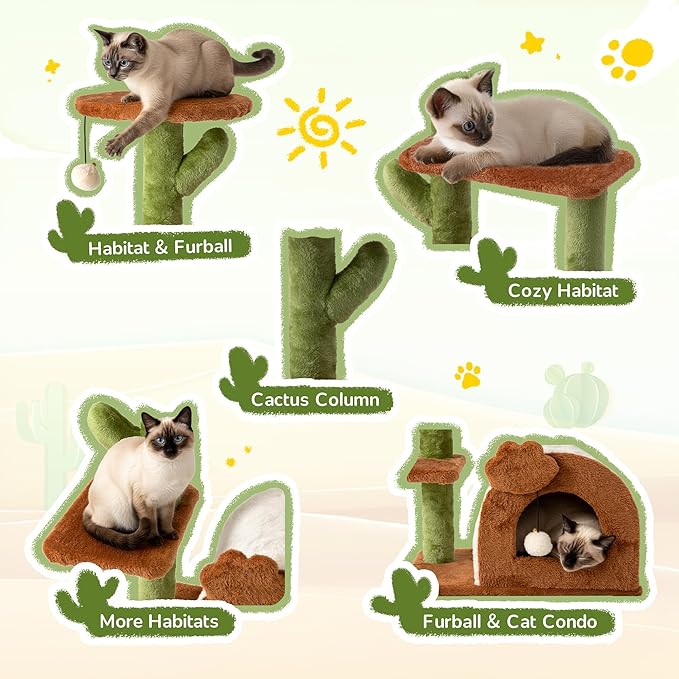 Cactus Cat Tree for Indoor Cats, 27.5'' Small Cat Tower with Cozy Condo, Wide Top Perch Multi-Level Climbing and Lounging Space, Brown