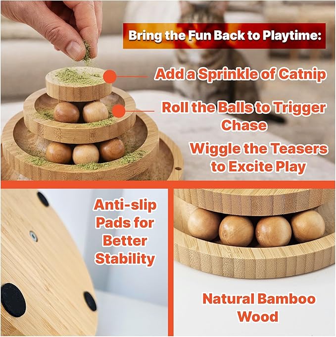 Cat Toy Ball Track with 2 Teasers, 3-Level Cat Ball Tower, 4-in-1 Kitty Toys, 9 Wooden Balls, Worm Wand, Spring Teaser Ball, 2 Glow Balls, Kitten Toy Interactive, Mental Physical Exercise, Medium Size