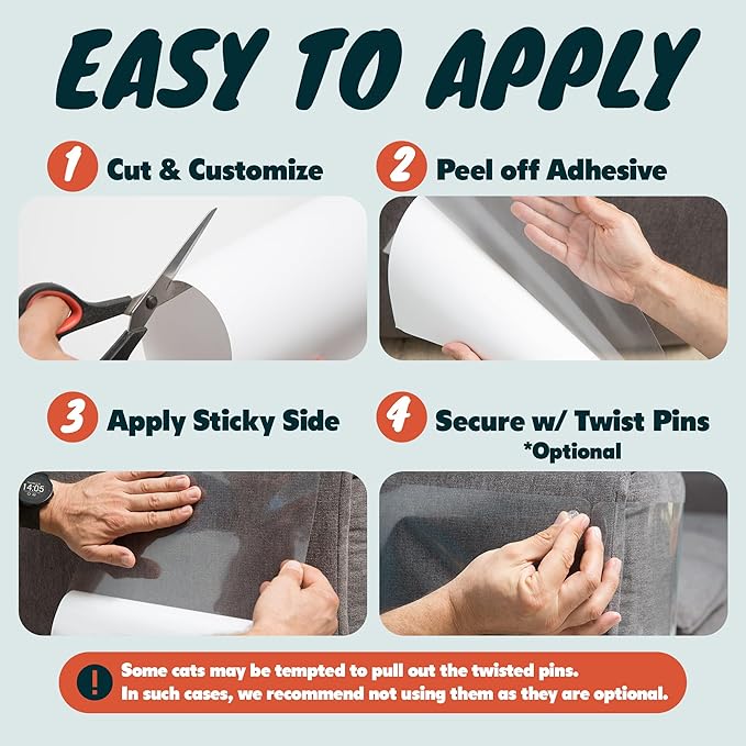 FixZilla Anti Cat Scratch Furniture Protector, 8-Pack Couch Protector from Cat Claws – Heavy-Duty, Easy-to-Apply Scratching Deterrent and Shield for Sofa Corners, Walls, and Doors- with 50 Twist Pins