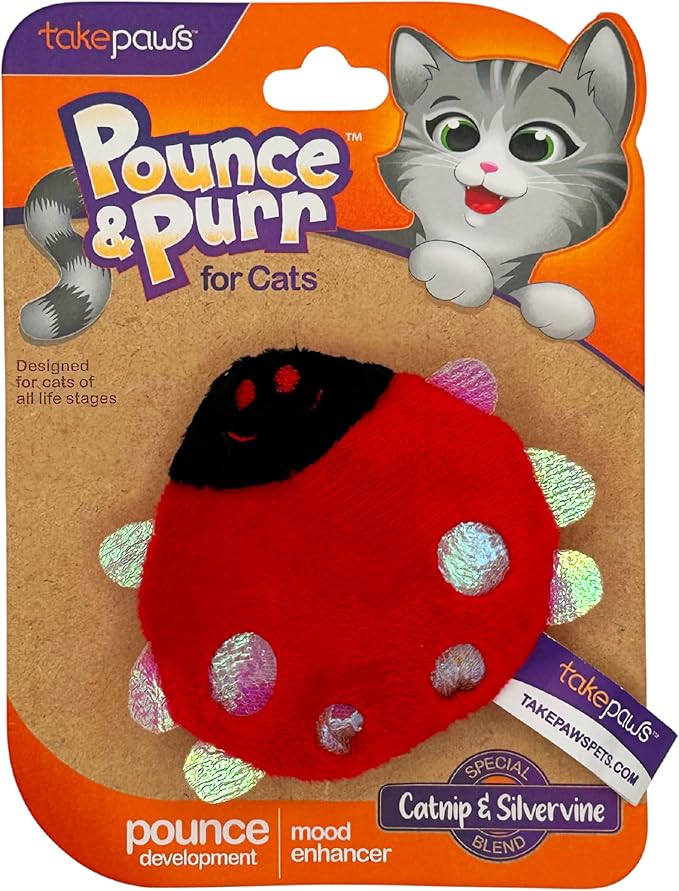 Pounce & Purr® Plush Cat Toys, Catnip & Silvervine Infused, Shiny Iridescent Accents, Interactive Play Toys for Cats & Kittens (Ladybug)