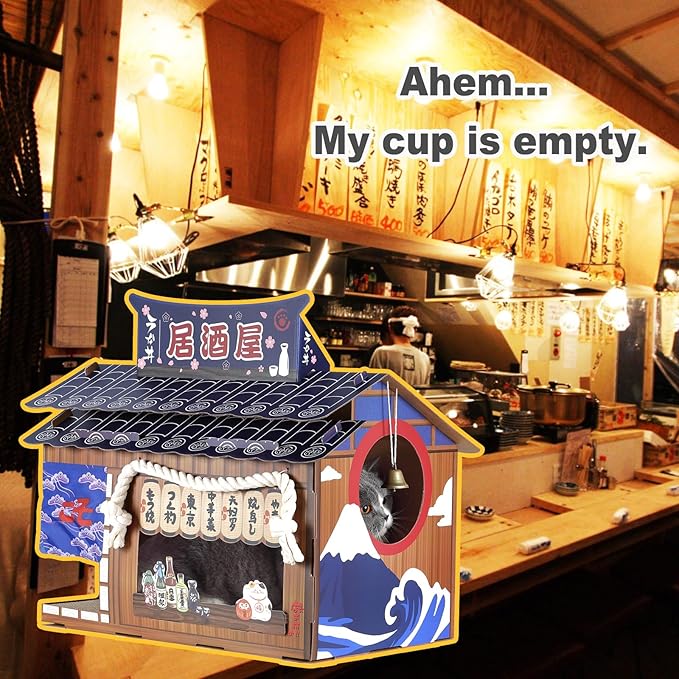 Cardboard Cat House with Scratcher – Japanese Izakaya Style, 22" L×15" W×19" H, Indoor Cat Playhouse & Hideout, Corrugated Cat Scratch Toy for Cats up to 33 lbs, Small Pets, Cute Home Decor Gift