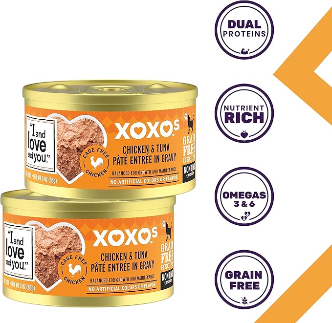 I AND LOVE AND YOU XOXOs Wet Cat Food - Chicken + Tuna Pâté - Grain Free, Filler Free, 3oz Pack of 24 Cans