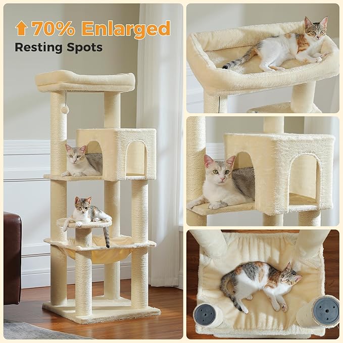 MUTTROS Large Cat Tree for Indoor Cats Large Adult, 57.8" Heavy Duty Cat Tower with Reinforced Scratching Posts (φ3.7in) and Plush Larger Hammock for Maine Coon & Big Cats, Supports 30lbs, Beige