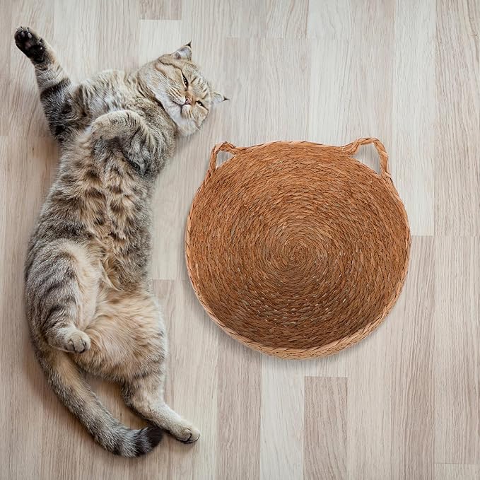 HOMSFOU Small Round Cat Bed Woven Straw Pet Nest Basket with Breathable Natural Rattan, Indoor Cozy Cat Furniture for Kittens and Small Dogs, Four Seasons Use