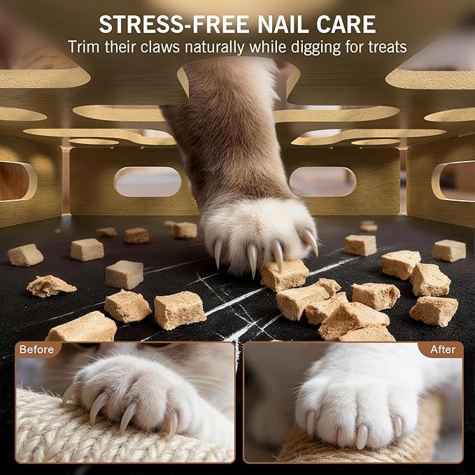 EIODEAR Cat Nail File Scratcher Box with 5 Sandpaper Pads & 4 Bell Balls, Sturdy Wood Cat Nail Scratcher to File Nails, Cat Toy Filer Toy for Treat-Motivated Cats, Included Silicone Security Rings