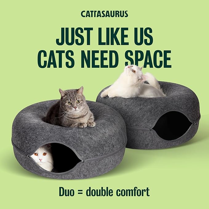 Cattasaurus Peekaboo Cat Cave Donut for Multiple & Large Cats up to 30-45 lbs, 3-in-1 Self Warming Cat Bed, Tunnel & Scratcher for Indoor Cats, Washable & Detachable (Dark Gray + Dark Gray, Large)