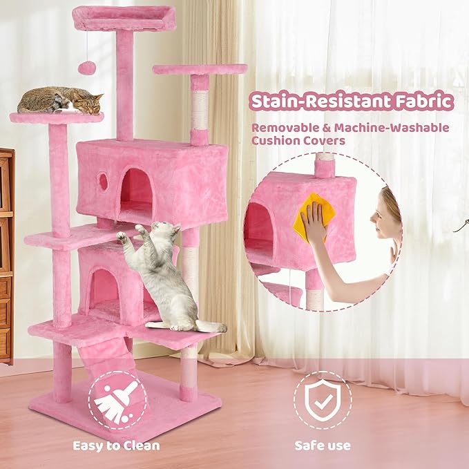 Cat Tree Tower 54" Tall - Indoor Cat Tree with Sisal-Covered Scratching Posts, Cozy Condo, Hammock, Dangling Toy & Expanded Perch Platform - Cat House Furniture for Large Cats - Pink