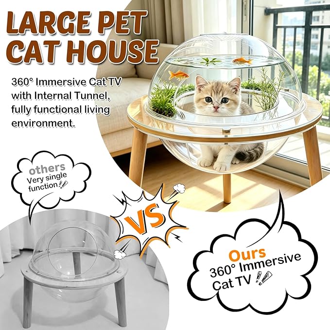 360°Immersive Transparent Cat Cave Bed, 2-in-1 Elevated Cat House with Cat TV Panoramic View,Heavy Duty Cat Furniture Enrichment Toy,Multi-Use Pet Bed Cave for Indoor Cats & Small Dogs