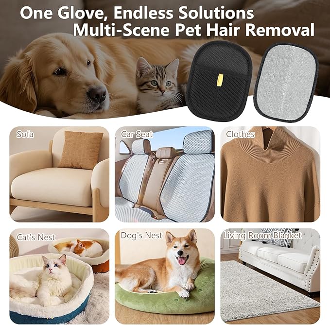 Pet Hair Removal & Grooming Gloves, Reusable Electrostatic Pet Fur Remover Mitt, Washable Shedding Brush Glove for Dog Cat, Multi Surface Lint & Fur Cleaning Tool for Furniture, Car & Carpet