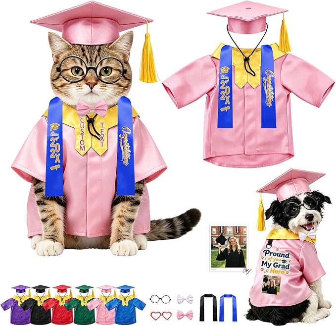Personalized Cat Graduation Cap and Gown with Name Photo and Tassel, Custom Adjustable Pet Graduation Costume for Small Medium Large Cats Dogs Ceremony Photo Props