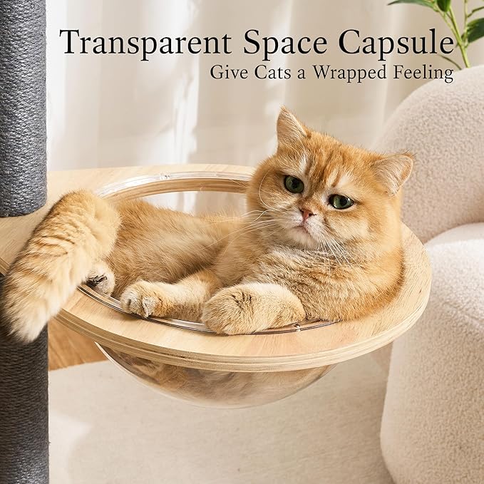 797Audio Wood Modern Cat Tree, 65" Cat Tower with Sisal Scratching Posts, Cat Condo, Capsule and Bed, Solid Wooden Aesthetic Multi-Level Cat Climbing Tree for Large Adult Indoor Maine Coon Cats-Gray