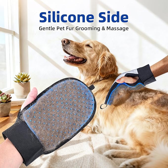TQRR 2 in 1 Pet Hair Removal Glove for Dog & Cat, Silicone Pet Grooming Gloves, Reusable Magic Pet Hair Brush, Electrostatic Pet Hair Remover Tool for Sofa, Carpets, Furniture, Car Seats, Clothing