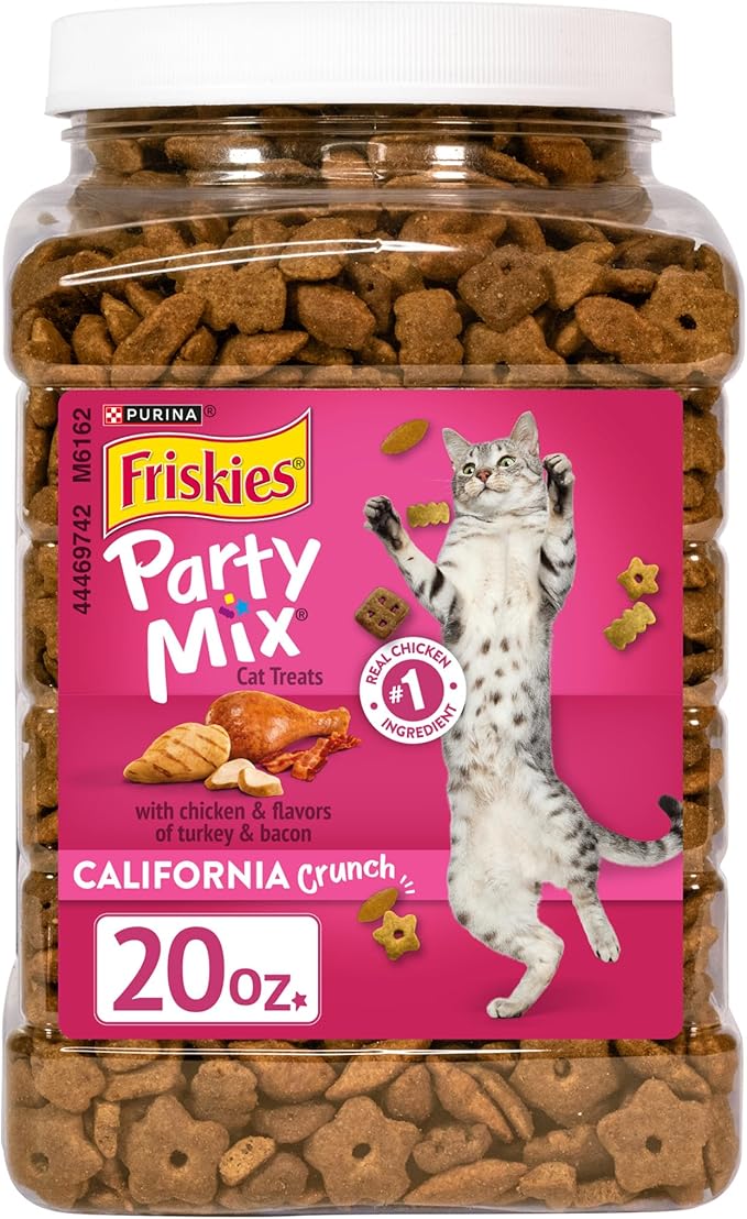 Purina Friskies Party Mix California Crunch with Chicken and Flavors of Turkey and Bacon Cat Treats - 20 oz Canister