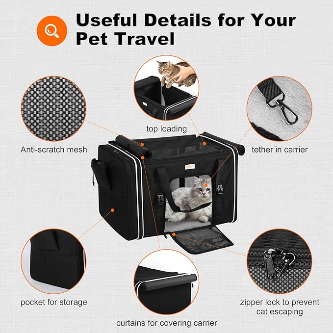 pidipiti 24 x 17 x17 Extra-Large Soft-Sided pet Carrier for 2 Cats / 1 Large cat, car Travel Kennel for Medium Dog,Long Distance Road Trip Transport cage with Litter Box.