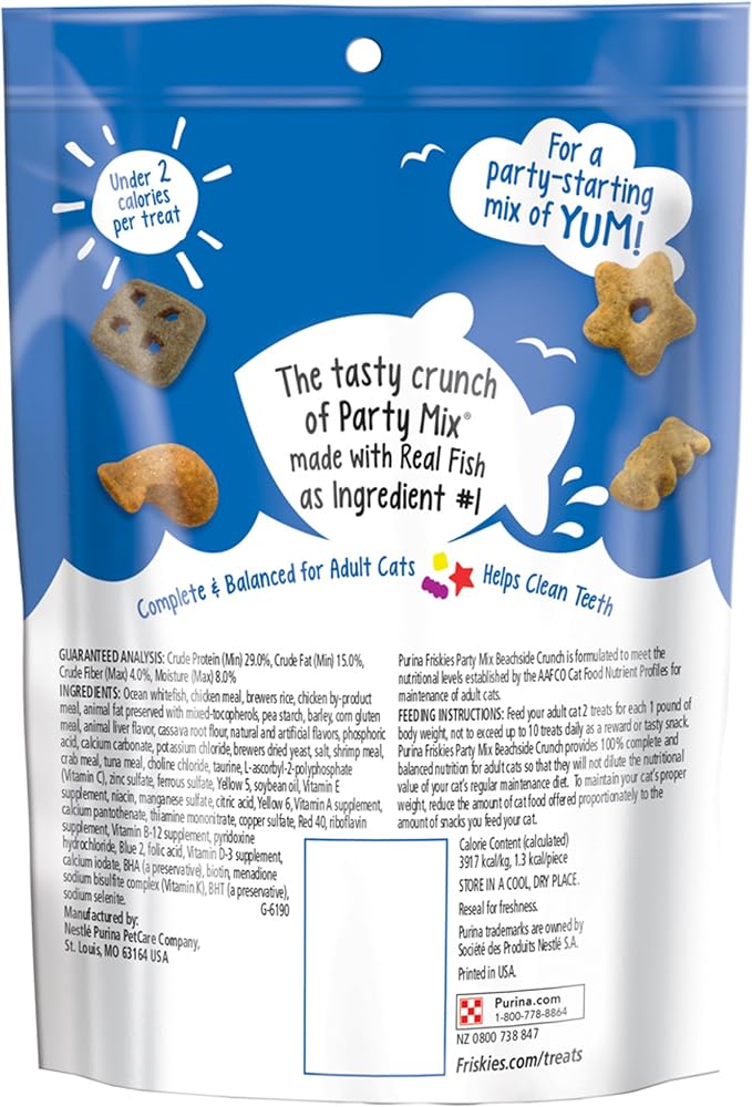 Friskies Party Mix Cat Treats, Beachside Crunch, Shrimp, Crab & Tuna Flavors, 6-Ounce Pouch, Pack of 7