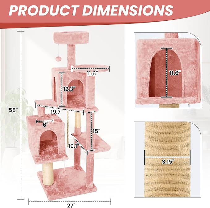 59in Large Cat Tree Tower for Indoor Cats with Soft Plush Hang Ball, Two Condos, Sisal Scratch Posts & Rope Play for Kittens/Adult Cats, Pink