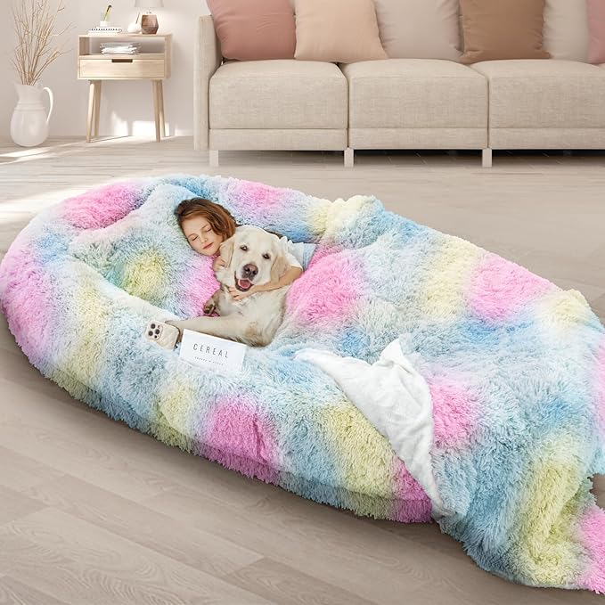 ROOMTEC Human Dog Bed, 71''x45''x12'' Size Fits Adult and Pet Washable Giant People Bed 10 CM Thick Memory Foam Large Oversize Pet Bed with Plump Pillow, Blanket, Strap - Rainbow
