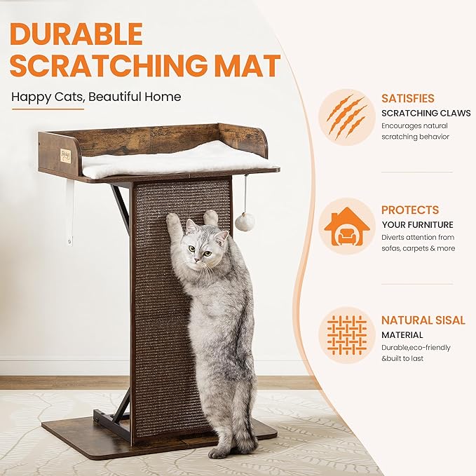 Modern Wood Cat Tree Tower for Indoor Large Cats, 33.8-Inch Tall Wooden Cat Trees with Big Perch Bed, Cat Scratching Pads, Washable Cushions and Scratching Mat, Cat Furniture, Rustic Brown